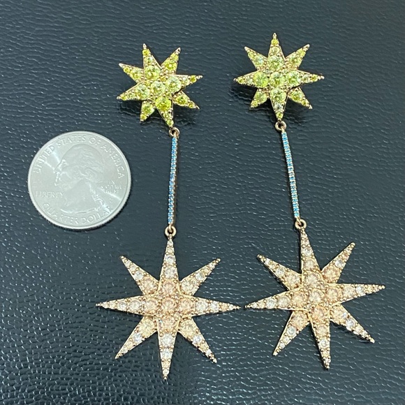 XIXI Gold-tone Double Star CZ Cubic Zirconia Drop Earrings 18.5g - Picture 6 of 15